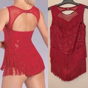 Weissman Dance costume red sequin flapper fringe Fringe Neckline Dress D12490 LC